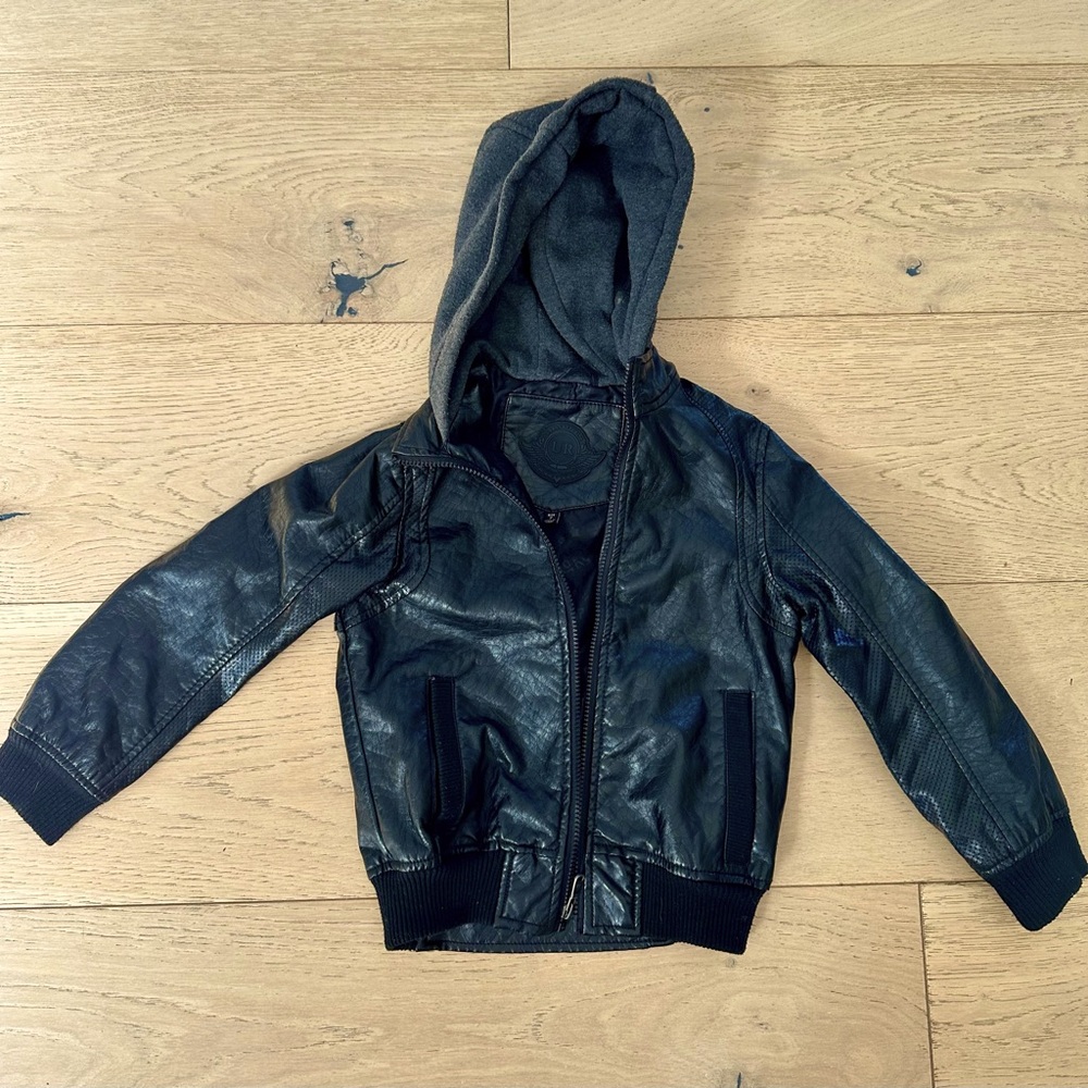 Boys black faux leather jacket with a hoodie